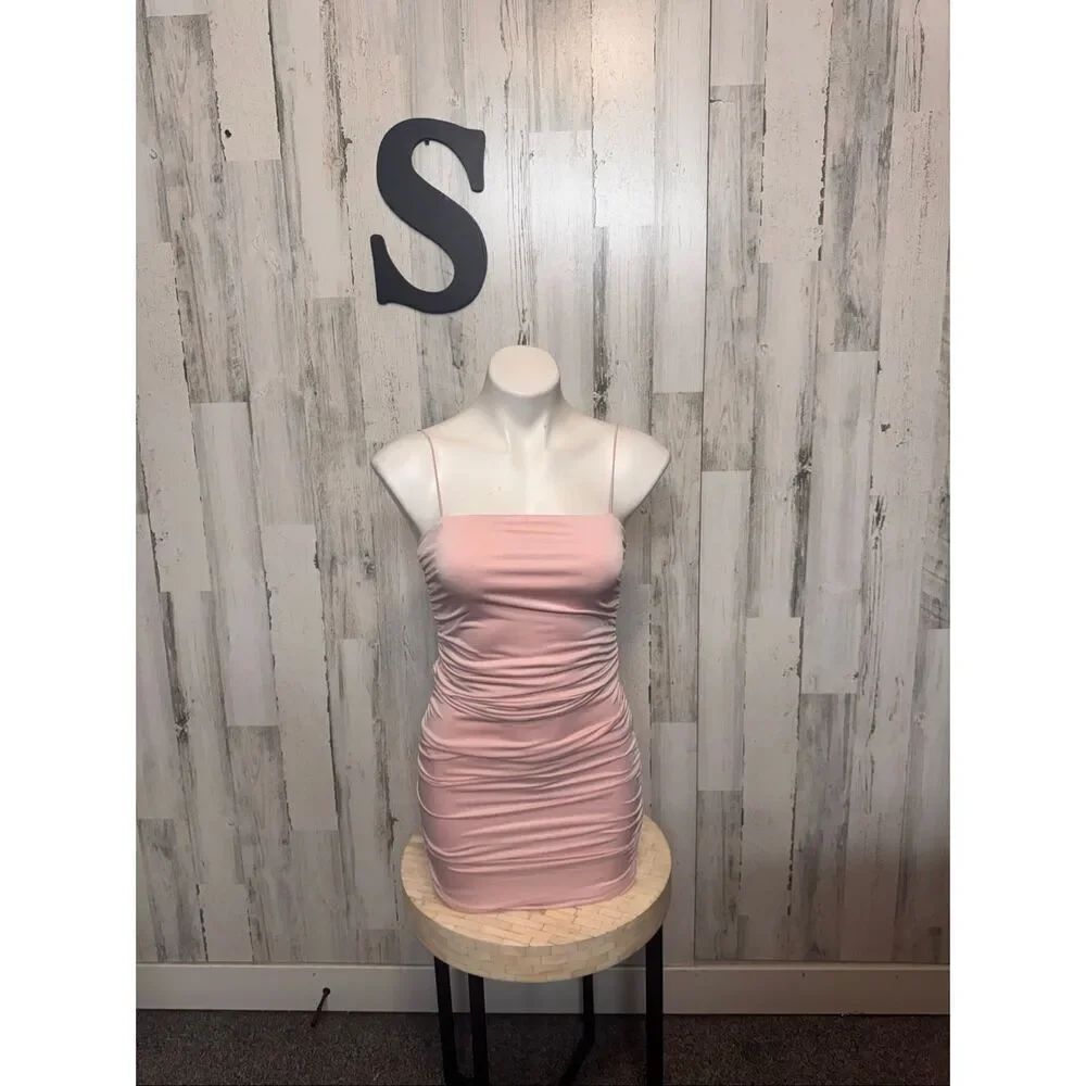 Love X Design Pink Bodycon Mini Dress Small Ruched Spaghetti Strap Club Party Dr